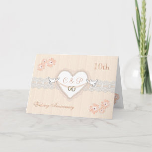 Carte Floral, cœurs et colombes 10e anniversaire de mari