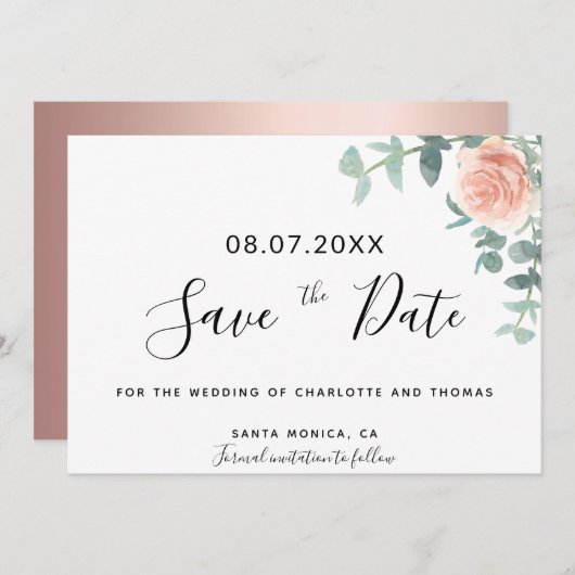 Carte Floral Eucaluptus rose mariage d'or enregistrer la (Devant / Derrière)