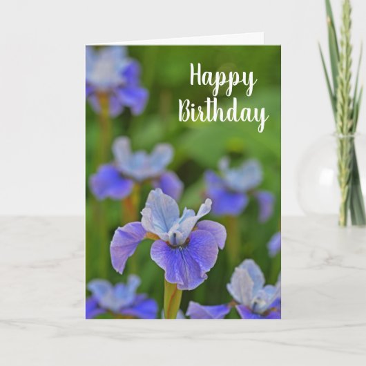 Carte Floral Fleur Iris Bleu Joyeux Anniversaire (Devant)