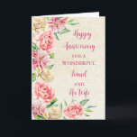 Carte Floral Friend et son anniversaire de femme<br><div class="desc">Bonne carte d'anniversaire mariage pour ami et sa femme avec de belles fleurs vintages aquarelle,  burlap rustique et vers sentimental.</div>