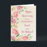 Carte Floral Friend & son mari Anniversaire<br><div class="desc">Joyeuse carte d'anniversaire mariage pour l'ami et son mari avec de belles fleurs vintages aquarelle,  burlap rustique et vers sentimental.</div>