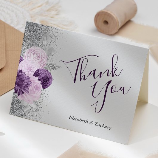 Carte Floral gris violet Mariage argenté Merci