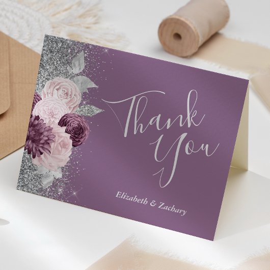 Carte Floral Mauve Blush Merci Mariage argent