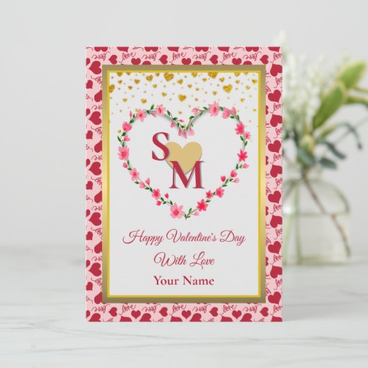 Carte Floral Monogramme Saint Valentin au coeur d'or (Debout devant)