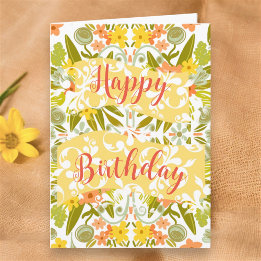 Carte Floral Orange Jaune Art Original Joyeux Anniversai