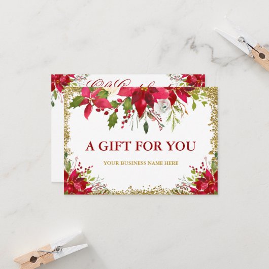 Carte Floral Poinsettia Gold Parties scintillant Certifi (Devant/Arrière en situation)