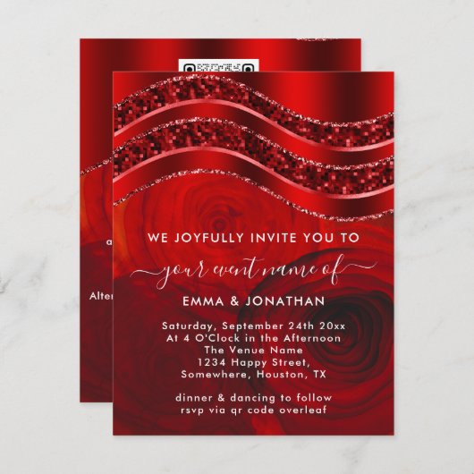 Carte Floral QR Code Parties scintillant Bourgogne Red R (Devant / Derrière)