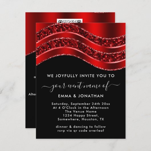 Carte Floral QR Code Parties scintillant Bourgogne Rouge (Devant / Derrière)