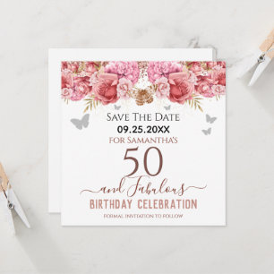 Carte Floral rose 50e anniversaire Enregistrer la date