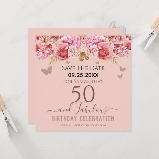 Carte Floral rose 50e anniversaire Enregistrer la date (Devant/Arrière en situation)