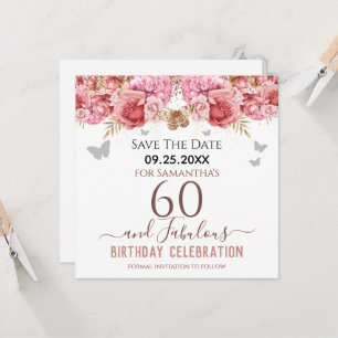 Carte Floral rose 60e anniversaire Enregistrer la date