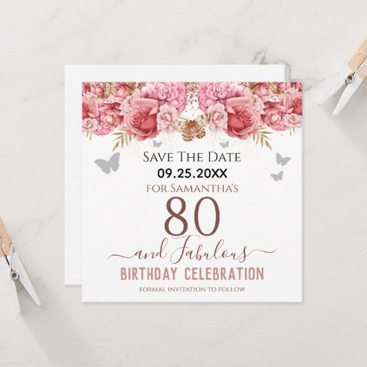 Carte Floral rose 80e anniversaire Enregistrer la date (Devant/Arrière en situation)