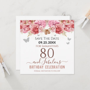 Carte Floral rose 80e anniversaire Enregistrer la date