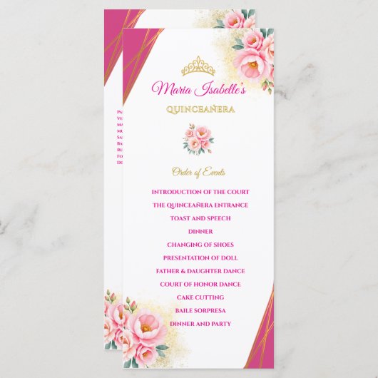Carte Floral rose et Quinceañera or Ordre des événements (Devant / Derrière)