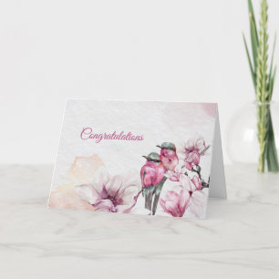 Carte Floral rose Magnolia Oiseaux Mariages Félicitation
