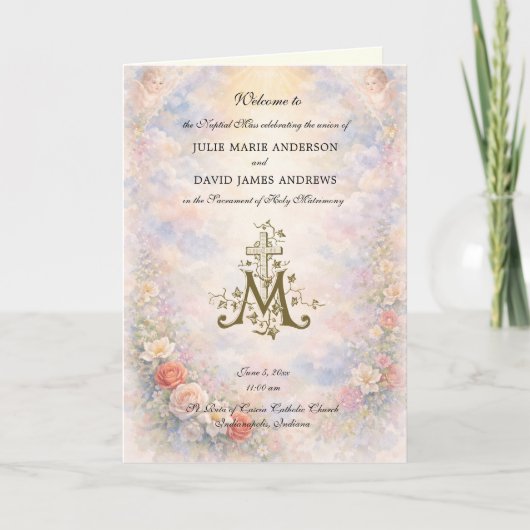 Carte Floral Roses Catholic Wedding Mass Program (Devant)