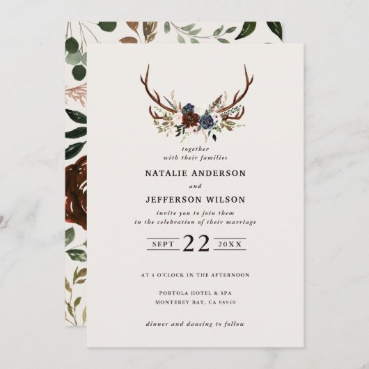 Carte Floral rustique et bois marine mariage bordeaux (Devant / Derrière)