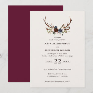 Carte Floral rustique et bois marine mariage bordeaux