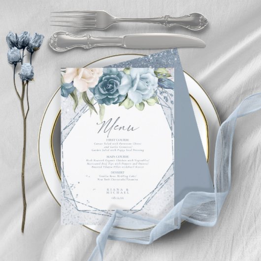 Carte Floral Sparkles Mariage Menu3 Blue ID889