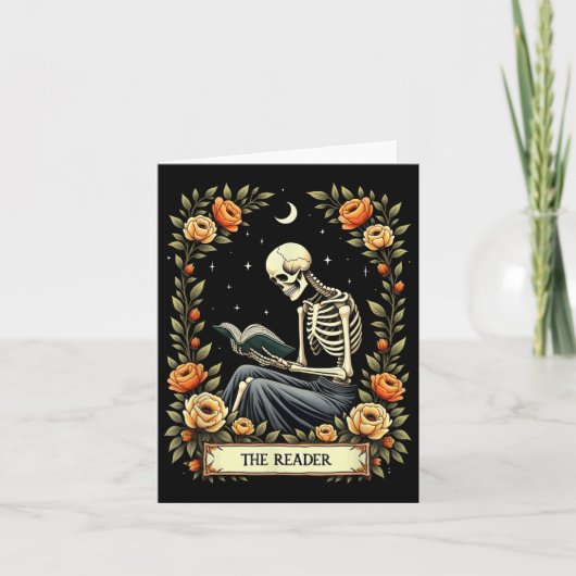 Carte Floral Tarot Card The Reader Skeleton Reading Book (Devant)
