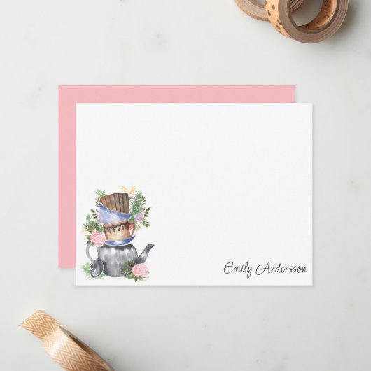 Carte florale aquarelle à note plate (Devant/Arrière en situation)