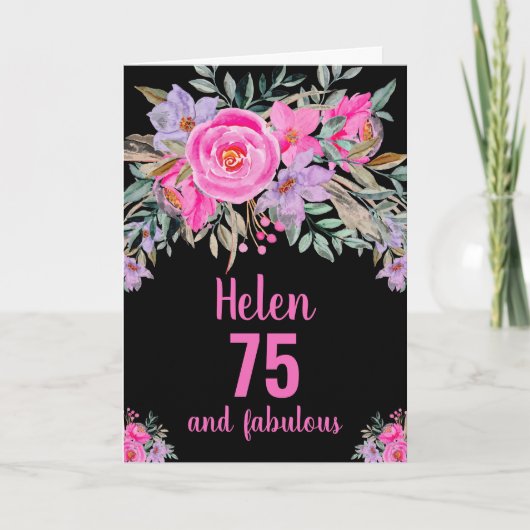 Carte florale aquarelle rose noir pour 75e anniver (Devant)