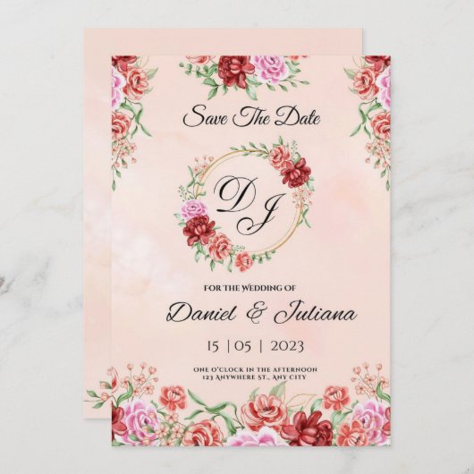 Carte florale aquarelle rouge beige, élégante fl e (Devant / Derrière)