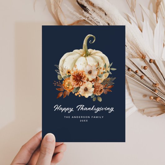 carte florale bon thanksgiving bleu marine