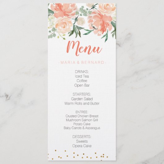 Carte florale chic de menu d'or de pêche (Devant)