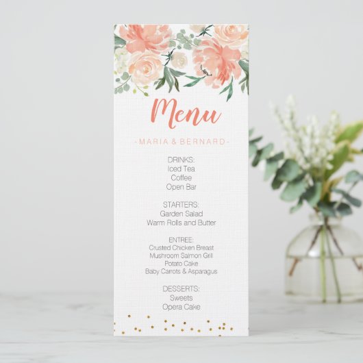 Carte florale chic de menu d'or de pêche (Debout devant)