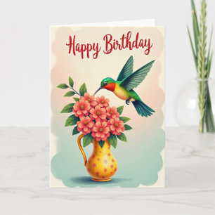 Carte florale d'anniversaire d'oiseau volant