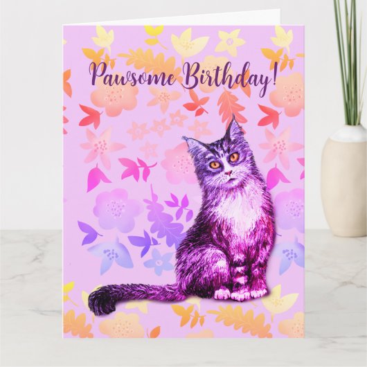 Carte florale de chat gris à longs poils (Devant)