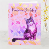 Carte florale de chat gris aux longs poils (Fleur jaune)