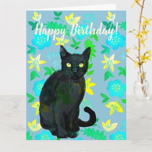 carte florale de chat noir (Fleur jaune)