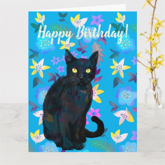 carte florale de chat noir (Fleur jaune)