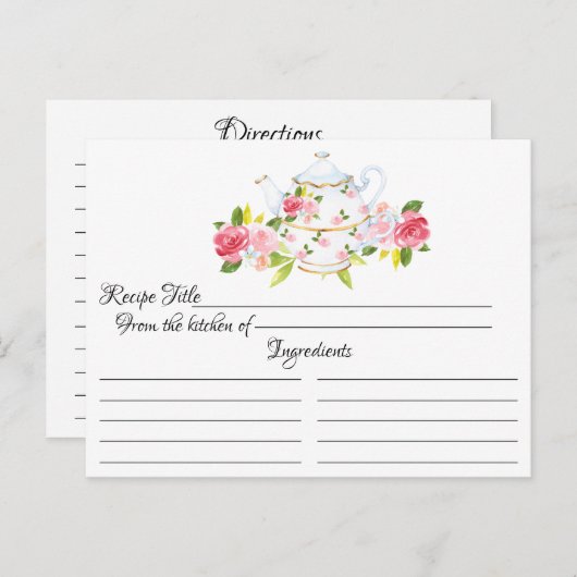 Carte florale de recette de pot rose de thé de cru (Devant / Derrière)