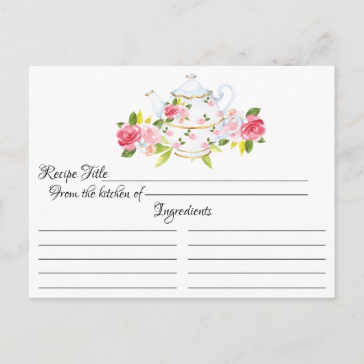 Carte florale de recette de pot rose de thé de cru (Devant)
