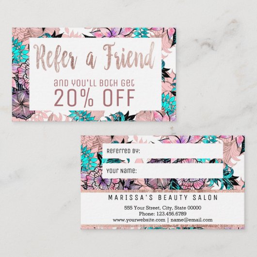 Carte florale de référence d'or rose Girly (Devant / Derrière)