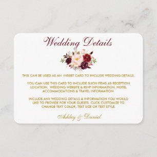 Carte florale d'insertion de détails de mariage