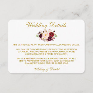 Carte florale d'insertion de détails de mariage