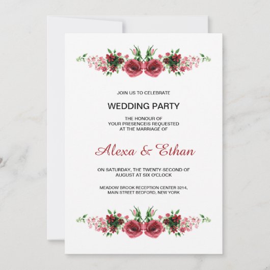 Carte florale d'invitation de noce d'aquarelle (Devant)