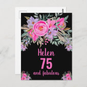 Carte florale noire couleur rose 75e anniversaire (Devant / Derrière)