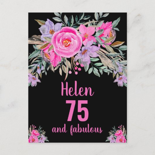 Carte florale noire couleur rose 75e anniversaire (Devant)