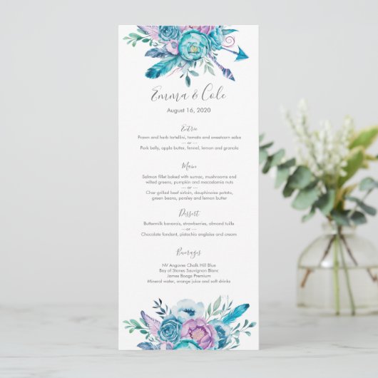 Carte florale pourpre et bleue de menu/programme (Debout devant)