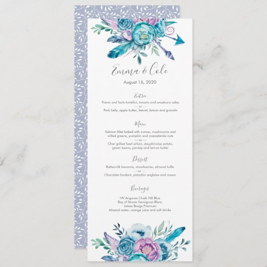 Carte florale pourpre et bleue de menu/programme (Devant / Derrière)