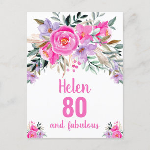 Carte florale rose d'aquarelle 80e anniversaire