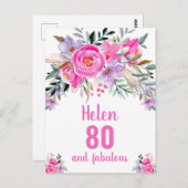 Carte florale rose d'aquarelle 80e anniversaire (Devant / Derrière)