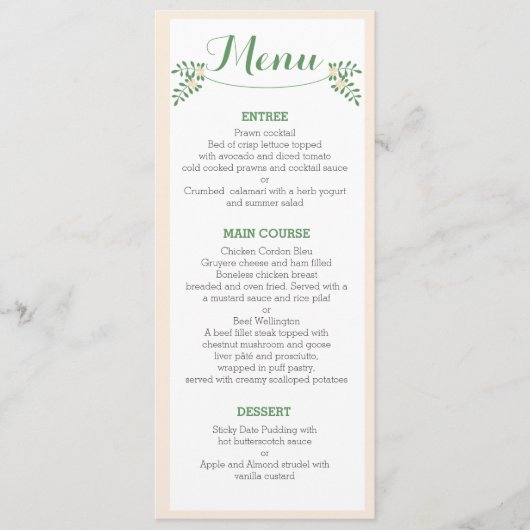 Carte florale rustique de menu de dîner de (Devant)