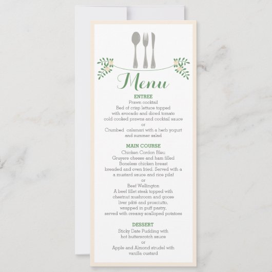 Carte florale rustique de menu de dîner de (Devant)