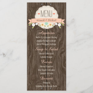 Carte florale rustique de menu de mariage de pêche